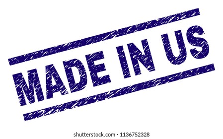 MADE IN US stamp seal watermark with grunge style. Blue vector rubber print of MADE IN US caption with corroded texture. Text caption is placed between parallel lines.