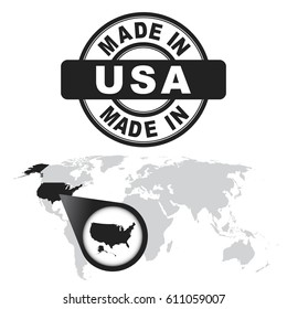 Made in USA, America stamp. World map with zoom on country. Vector emblem in flat style on white background.