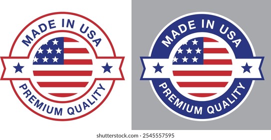 Made in USA, Bandeira Americana, Emblemas de selo, Etiqueta de negócios, Ícone de qualidade premium, Produto dos EUA, América, Patriótico, Carimbo, Adesivo, Vetor, Silhueta, Logotipo