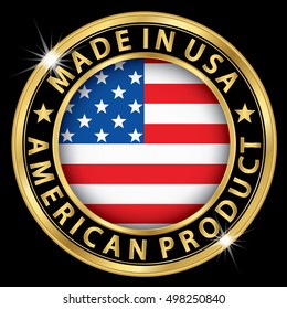 Made in the USA american product golden label with flag, vector illustration