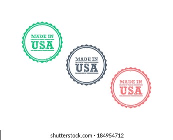 Made in USA american product grunge retro vintage hipster style badge seal sign vector graphic template illustration isolated on white background