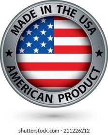 Made in the USA american product silver label with flag, vector illustration