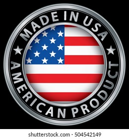 Made in the USA american product silver label with flag, vector illustration