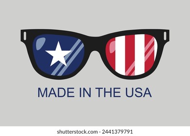 Made in the USA with American Sunglasses, United States of America, Vector made in USA sign, Made In the USA icon , US icon with American flag