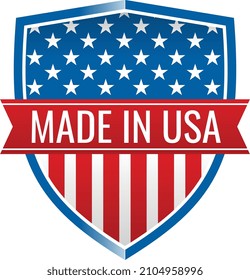 Made in USA badge. American flag style shield with ribbon