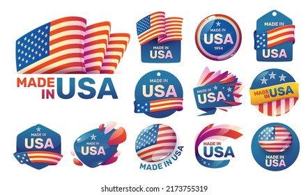 Made in the USA badge collection. American proud badge. United States of America flag color symbol. Logo and signs of USA products. USA retro vintage stickers old school labels. Vector illustration