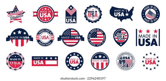 Made in USA badge collection. American products tags. Set of USA made sticker