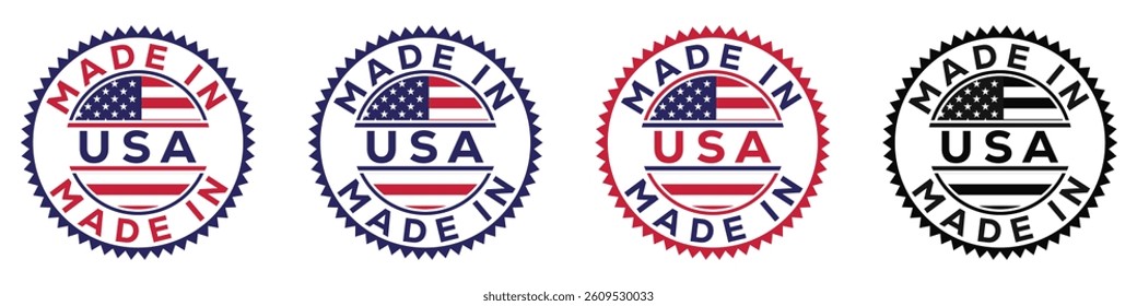 Made in USA badge design with circular seal, American flag, patriotic product label, vector certification stamp, quality assurance emblem, official approval sign, and branding insignia.