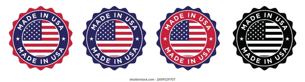 Made in USA badge design featuring circular emblem with American flag, patriotic label, premium quality stamp, vector illustration, certification seal, and product authenticity mark.