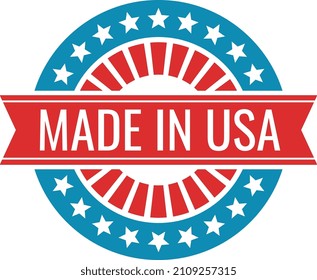 Made in USA badge. Round retro label with red ribbon