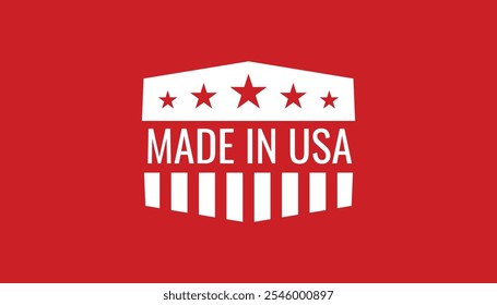 Fabricado no distintivo dos EUA com estrelas e listras semelhante à bandeira americana. etiquetas, logotipo e marca. fabricação, varejo, indústria de roupas. patriotismo e produção doméstica.