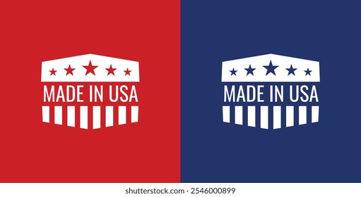 Fabricado no distintivo dos EUA com estrelas e listras semelhante à bandeira americana. etiquetas, logotipo e marca. fabricação, varejo, indústria de roupas. patriotismo e produção doméstica.