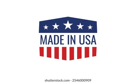 Fabricado no distintivo dos EUA com estrelas e listras semelhante à bandeira americana. etiquetas, logotipo e marca. fabricação, varejo, indústria de roupas. patriotismo e produção doméstica.