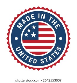 Made in USA badge with vibrant national colors. The design features the American flag inside a circular badge, emphasizing patriotism and national pride.