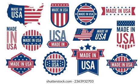 Made in USA badges. American national flag label with text and seal, vintage usa stamp with guarantee. Vector patriotic emblem set of american usa flag label illustration