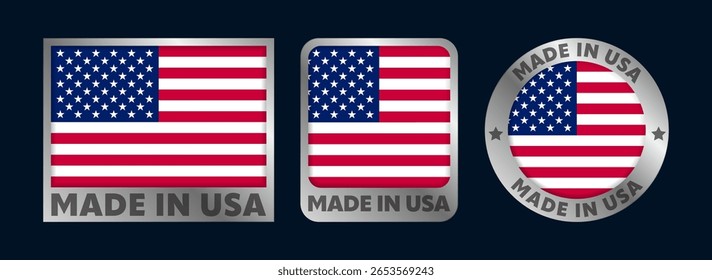 Made in USA badges design. Labels with American flag in silver frames. The mark of the manufacture country. Emblem for product. Vector illustration.
