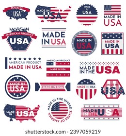 Made in USA badges. Patriot proud label stamp, American flag. Made in the usa labels set, american product emblem