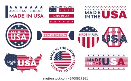 Made in USA badges. Patriot proud label stamp, American flag. Made in the usa labels set, american product emblem