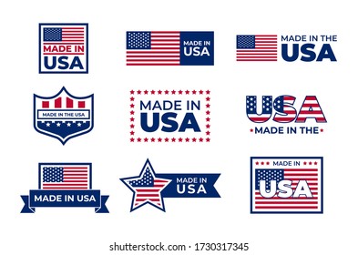 Made in USA badges set. American patriotic logos, stamps and seals with national flags. Vector illustration for America, business, manufacture concept