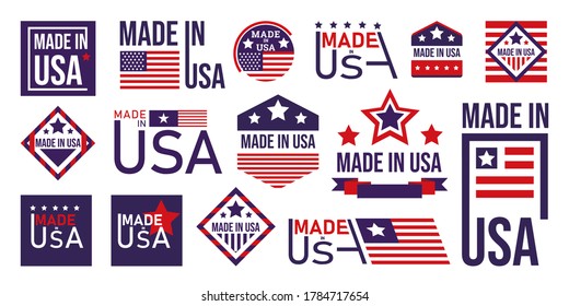 Made in USA badges set. American vintage icons and labels. US banners templates. Vector illustration