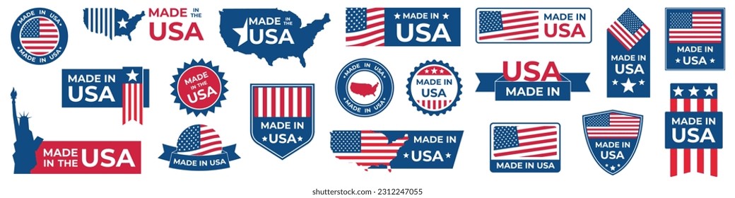 Made in USA badges set. American labels. Patriotic logo or stamp. Vector illustration.