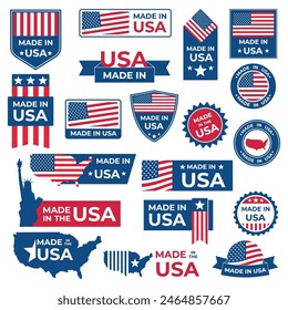 Made in USA badges set. American labels. Patriotic logo or stamp. Vector illustration.