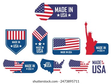 Made in USA Abzeichen gesetzt. Amerikanische Labels. Patriotisches Logo oder Stempel. Vektorillustration.