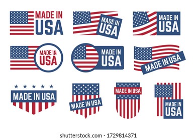 Made in USA badges set. Labels with American national flag pattern with stars and stripes, seal, logo template. Can be used for patriotic stamps, national production, business concept