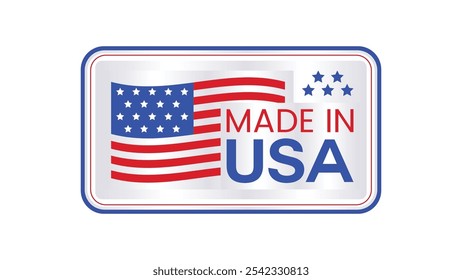 Hecho en EE.UU. insignias Vector. Sello de la etiqueta, bandera americana y símbolos nacionales, emblemas patrióticos de los Estados Unidos de América
