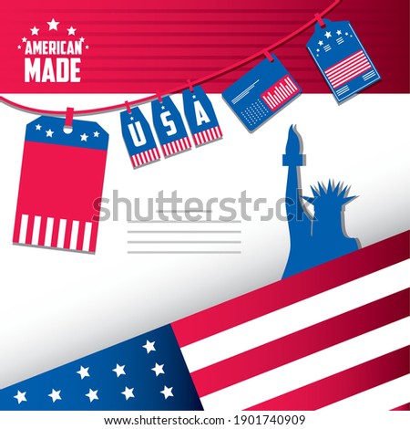 Made in usa banners hanging flag and liberty statue design, American quality business and national theme Vector illustration