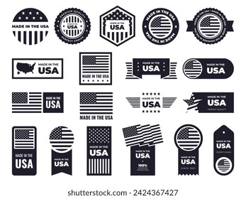 Made in USA black stamps. American labels, quality product emblems, patriotic signs and banners, seal badges, stars and stripes, national flags, guarantee badge design, isolated vector set