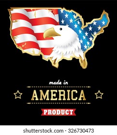 made in usa bold eagle with american flag and map in golden vintage style