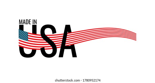 Made in USA calligraphy and United States of America waving white and red stripes flag. National  product stamp icon isolated on white background. Vector illustration