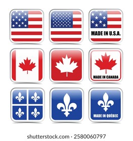Made in USA Canada Quebec square icon label vector set