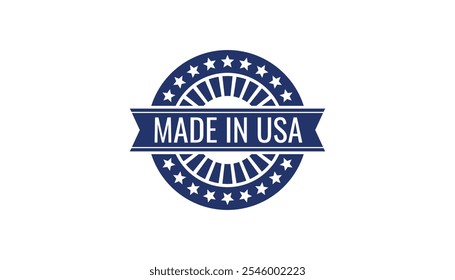 Feito no selo circular dos EUA com estrelas e listras semelhante à bandeira americana. etiquetas, logotipo e marca. fabricação, varejo, indústria de roupas. patriotismo e produção doméstica.