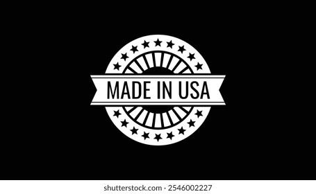 Feito no selo circular dos EUA com estrelas e listras semelhante à bandeira americana. etiquetas, logotipo e marca. fabricação, varejo, indústria de roupas. patriotismo e produção doméstica.