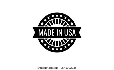 Feito no selo circular dos EUA com estrelas e listras semelhante à bandeira americana. etiquetas, logotipo e marca. fabricação, varejo, indústria de roupas. patriotismo e produção doméstica.