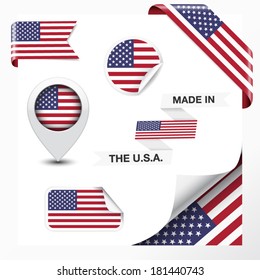 Made in The USA collection of ribbon, label, stickers, pointer, icon and page curl with United States Of America  flag symbol on design element. Vector EPS 10 illustration on white background.