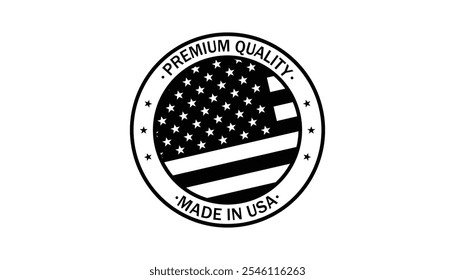 MADE IN USA emblema Fabricación americana y calidad premium. Estrellas, bandera americana y rayas. Estrellas Pequeñas. Emblema promocionando productos hechos en los EE.UU. Embalaje, salud, suplementos, ropa.