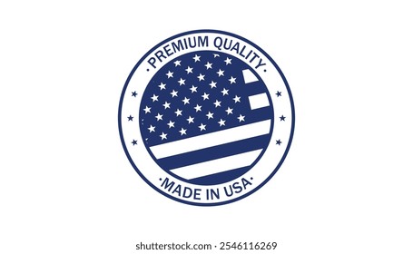 MADE IN USA emblema Fabricación americana y calidad premium. Estrellas, bandera americana y rayas. Estrellas Pequeñas. Emblema promocionando productos hechos en los EE.UU. Embalaje, salud, suplementos, ropa.