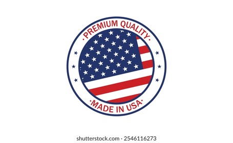 MADE IN USA emblem American manufacturing and premium quality. Stars, American flag, and stripes. small stars. Emblem promoting products made in the USA. Packaging, Healthcare, supplements, clothing.