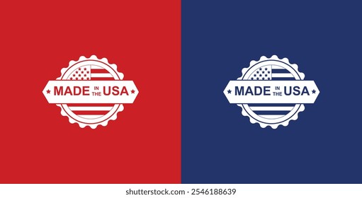 Hecho en los EE.UU. emblema de fabricación americana y calidad premium. Estrellas, bandera americana y rayas. Estrellas Pequeñas. Emblema promocionando productos MADE IN USA. Embalaje, salud, suplementos, ropa.