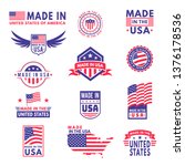 Made in usa. Flag made america american states flags product badge quality patriotic labels emblem star ribbon sticker, vector collection