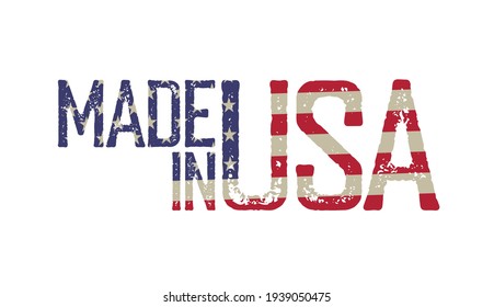 Made in USA. Flag background. Grunge sticker. Isolated on white