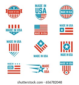 Made in USA flag emblem set, american brands and stores, products label with US content and design. Vector flat style illustration isolated on white background