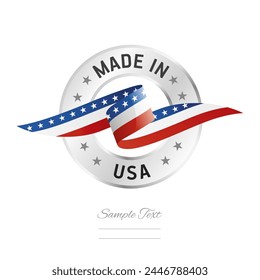 Made in USA. USA flag ribbon with circle silver ring seal stamp icon. USA sign label vector isolated on white background