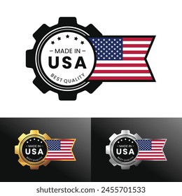 Made in USA with gear and flag design. Made in American For banner, stamp, sticker, icon, logo, symbol, label, badge, seal, sign. Vector Illustration