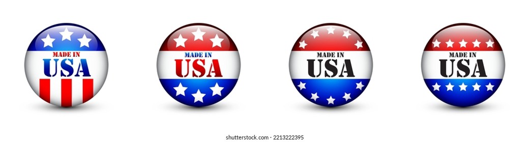 Made in USA glossy buttons set. Flat vector illustration.
