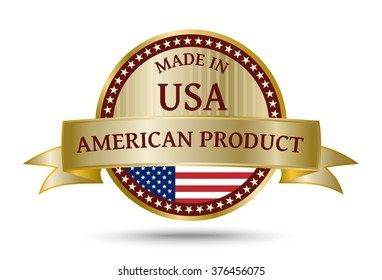 Made In USA Golden Badge And Icon With The Flag Of The United States Of America