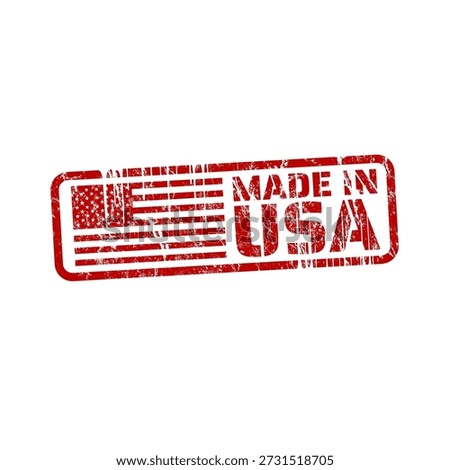 Made in USA grunge red rubber stamp with American flag.	